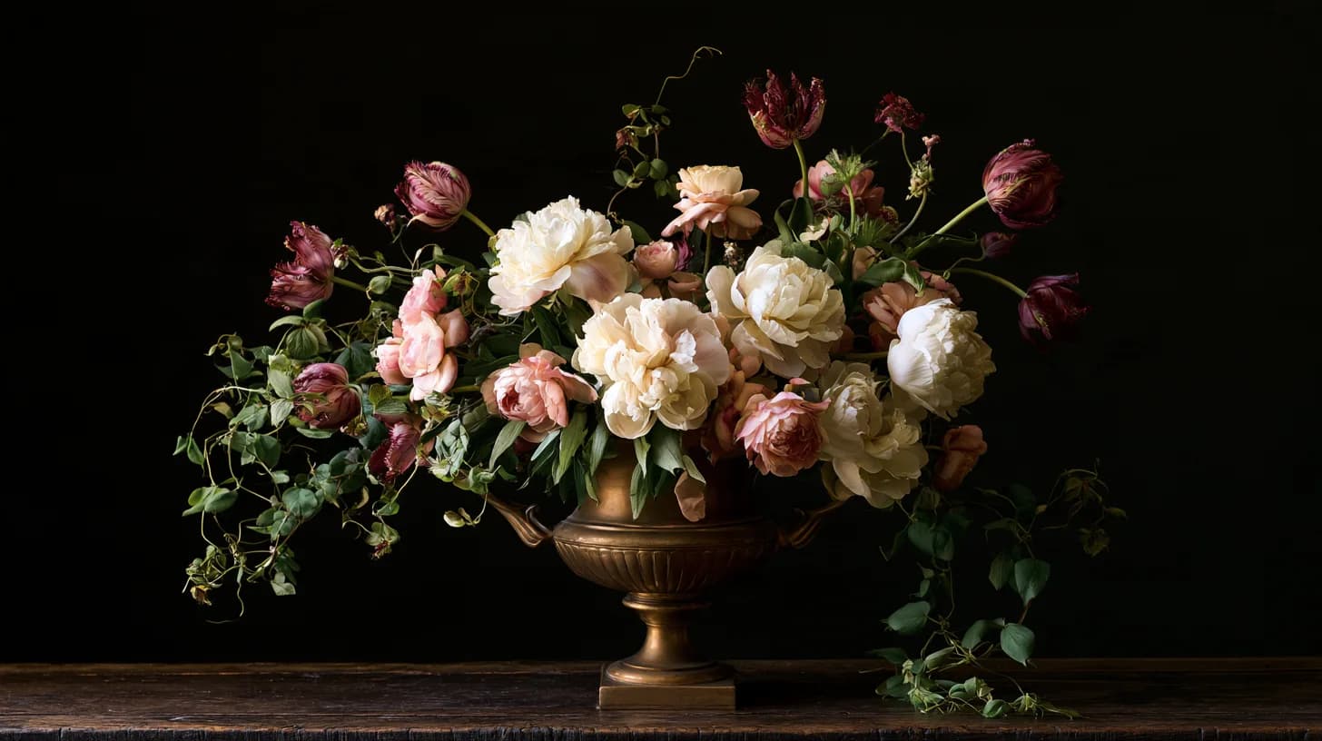 Garden roses, ranunculus and jasmine after dark.