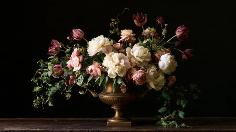 Garden roses, ranunculus and jasmine after dark.