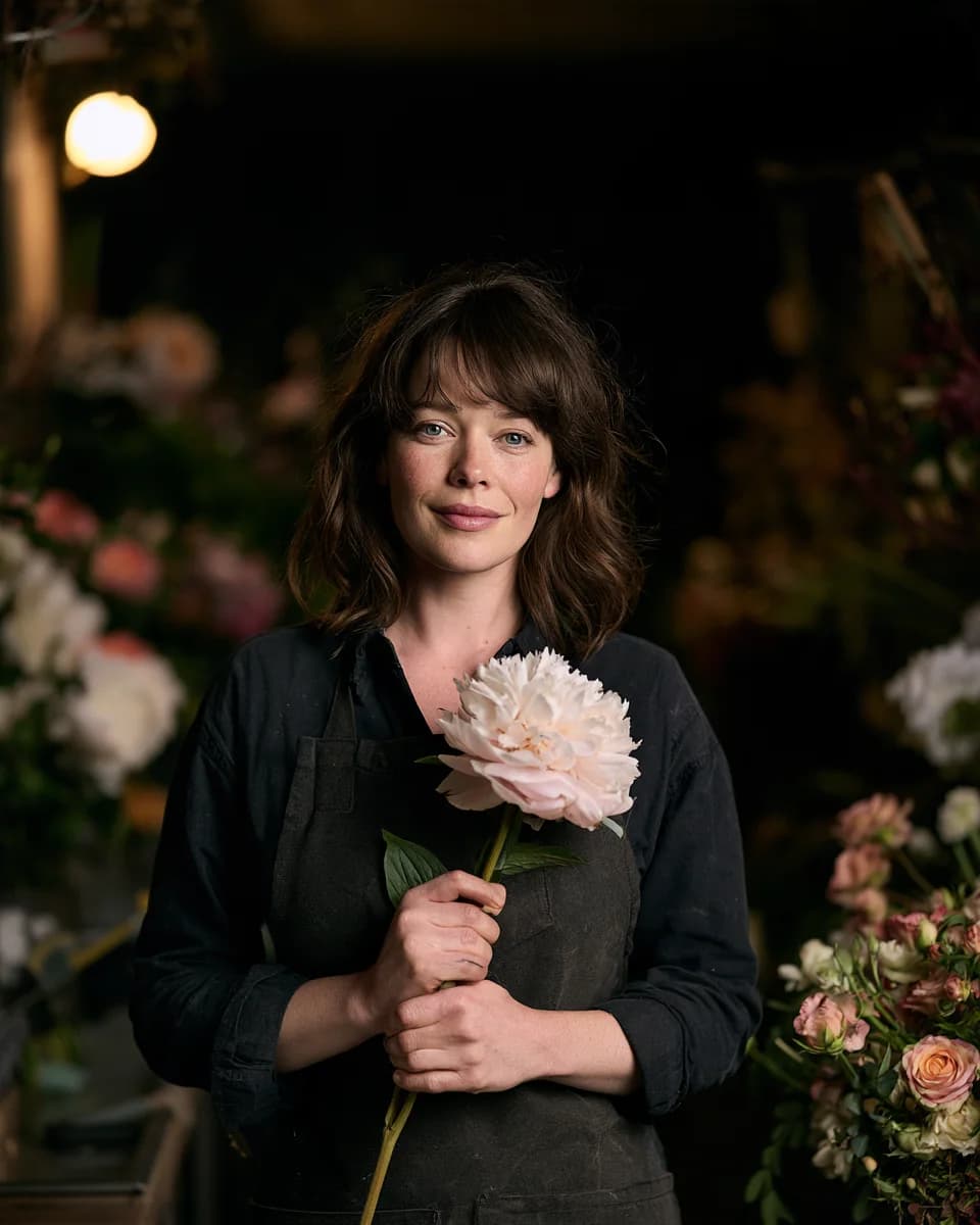 Choosing peonies for the evening's orders.